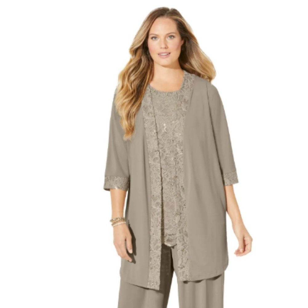 CATHERINES 3-PIECE LACE GALA PANT SUIT, CHAI LATTE, 26W